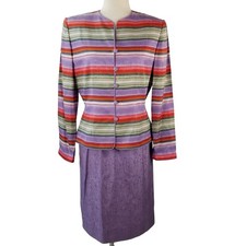 Adrianna Papell Purple Red Orange Silk Striped Skirt Set Jacket Top Skirt Size 8