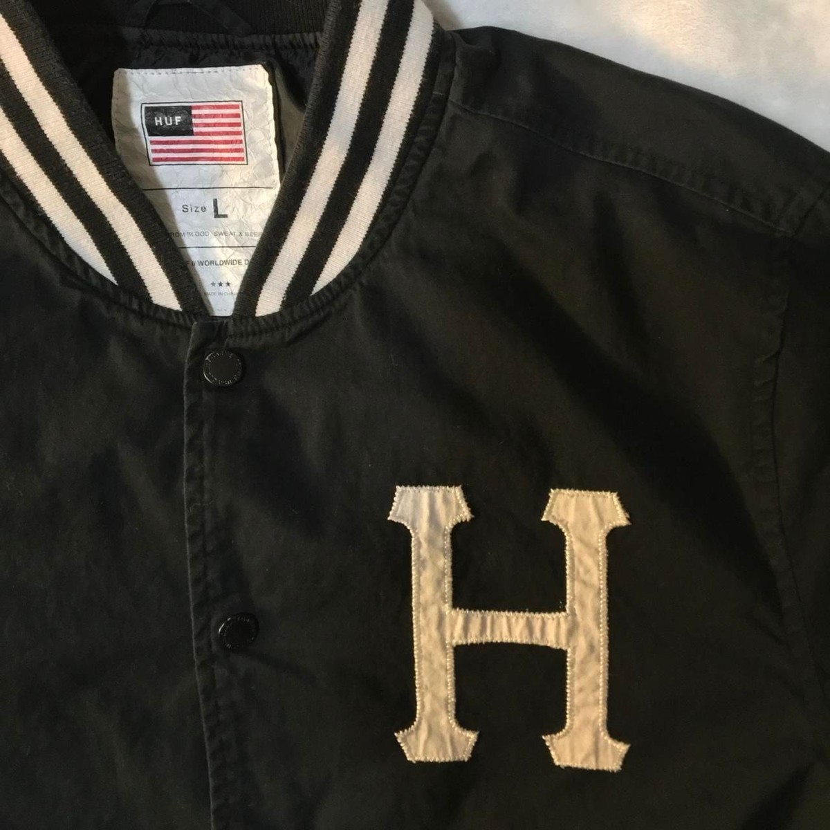 HUF Black Varsity Jacket Size L Letterman Skater Streetwear View 3