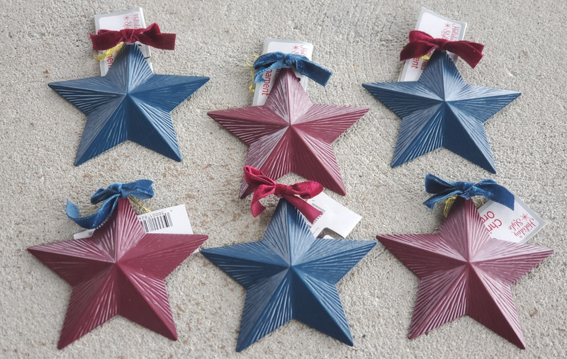 Six FARMHOUSE Country Xmas AMERICANA FOLKART Metal PRIMITIVE STAR Ornaments NWT