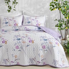 3 Pieces Quilt Set Queen Size, Purple Floral Botanical Plants Pattern Bedspre...