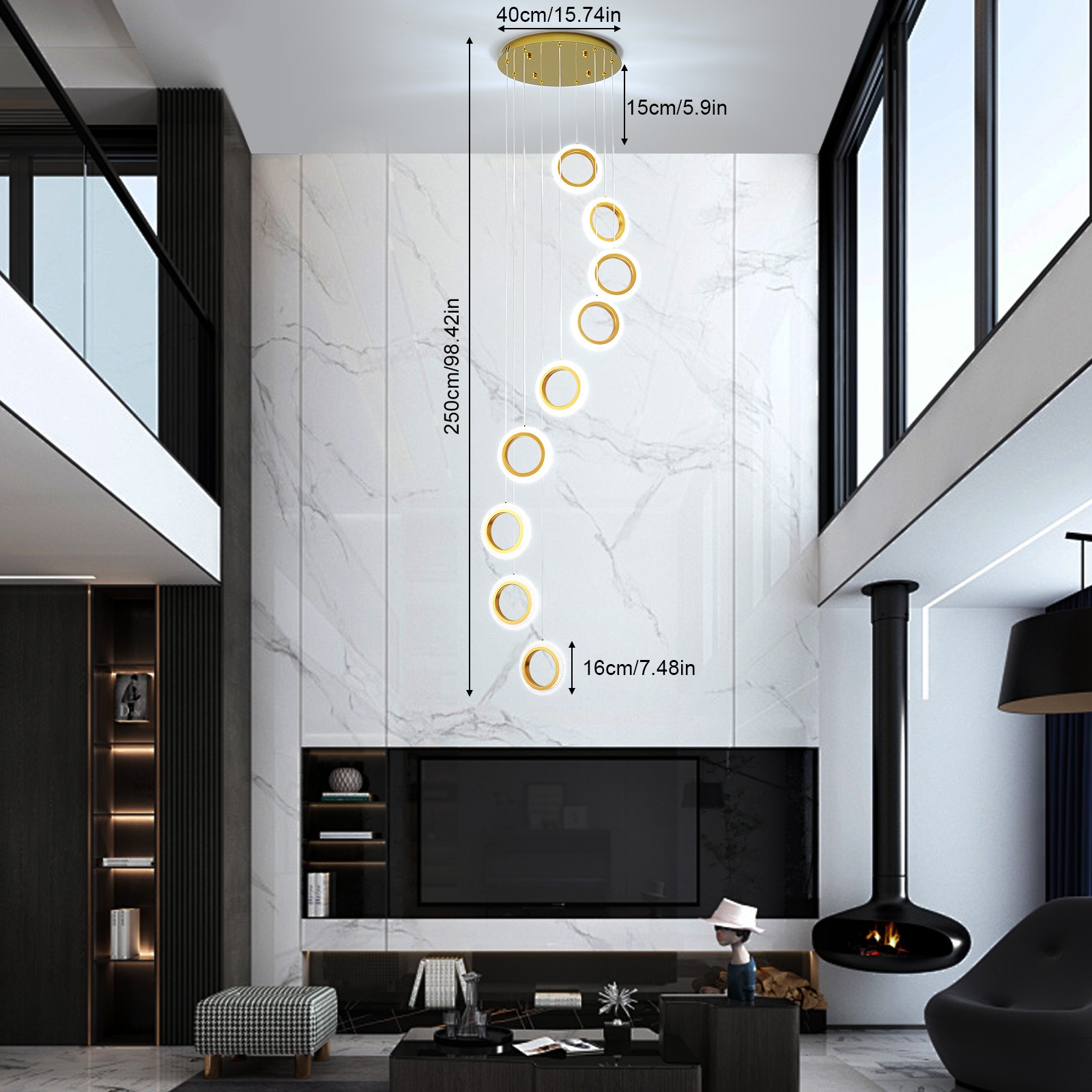 Big Rings Glass Ball Crystal Chandelier LED Round Pendant Light for Villa