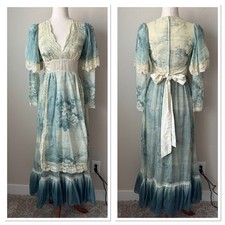 Rare Vintage Womens Gunne Sax Prairie Maxi Dress 7 Floral Lace Boho 1970s Blue