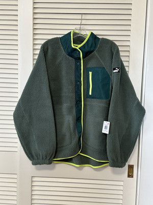 Puma Sherpa Fleece Snap Jacket Men s XL Eucalyptus Green Neon Casual Athletic