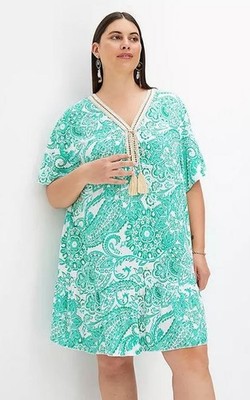 FREEMANS Paisley Tunika-Kleid Grün V-Ausschnitt Kurzarm Smock 14 16 (fm265-6)