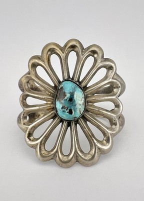Vintage Navajo Sandcast Sterling Silver Blue Diamond Turquoise Cuff Bracelet 84g