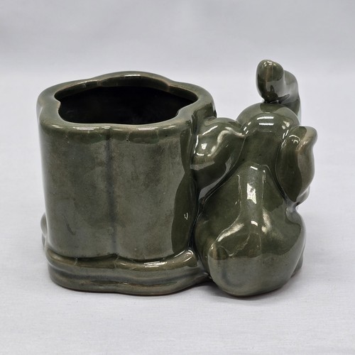 Vintage Small Green Lucky Elephant Bamboo Planter Pot 3" Vase Asian Trunk Up - Picture 4 of 11