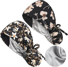 Satin Lined Scrub Caps with Buttons Sweathand, Surgical Caps for Women