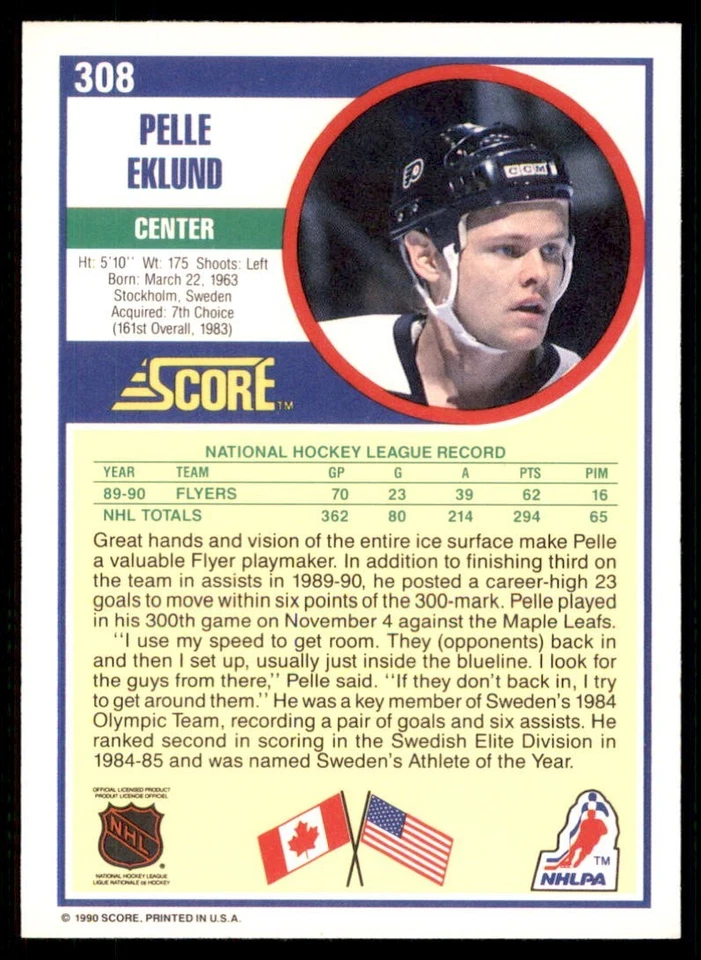 1990-91 Score - Pelle Eklund #308 - Image 2 of 2