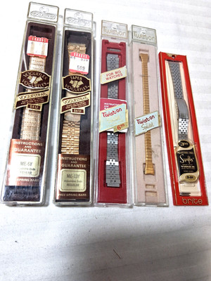 LOT OF 5 VINTAGE WATCH STRAPS IN PACKAGES VOGUEFLEX * TWIST-ON * SUPERFLEX