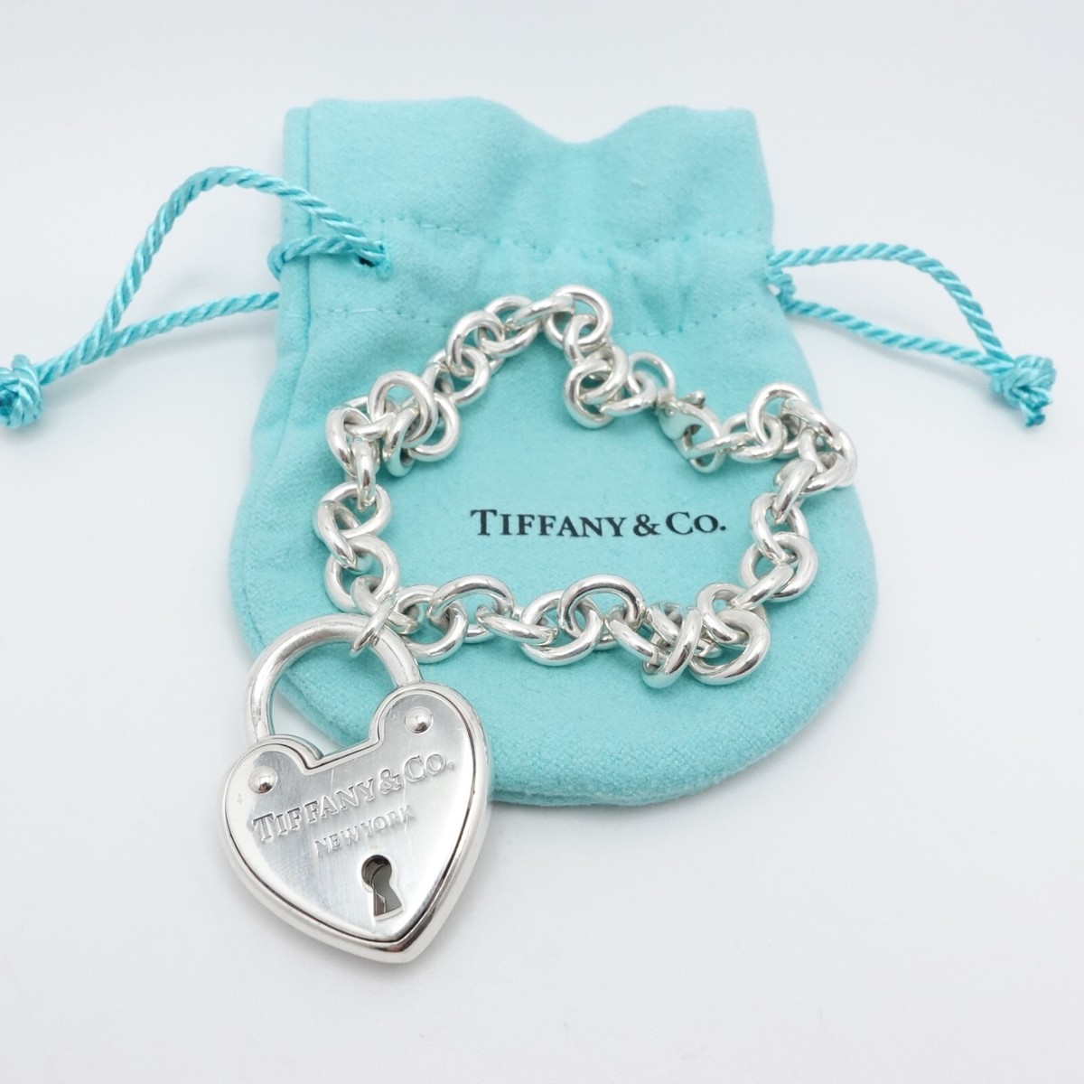 Tiffany & Co. Sterling Silver Heart Padlock Chain Bracelet Size 9