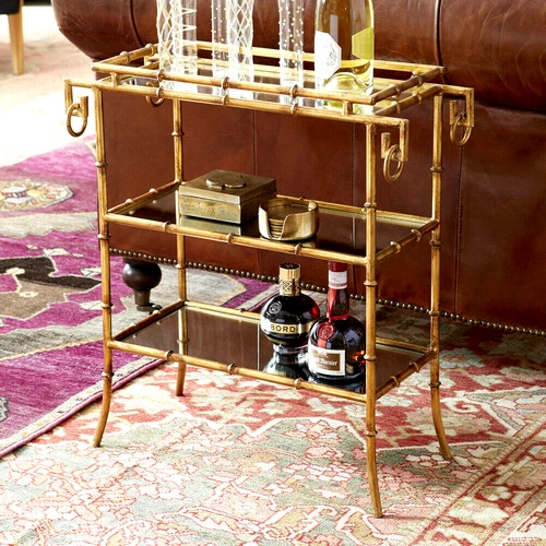 Gold Iron Bamboo Tray Table Mirrored 3 Tier Bar Chinese Chippendale Cyan Design  - Picture 2 of 6