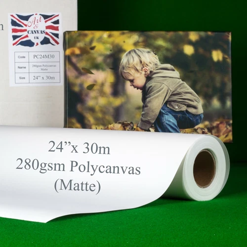 24" x 30m 280gsm Inkjet Poly Canvas Roll Matte, Water Resistant, Brilliant White