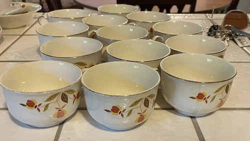 Set of 13 Hall Jewel Tea MCM Autumn Leaf Coffee Tea Cups with Saucers