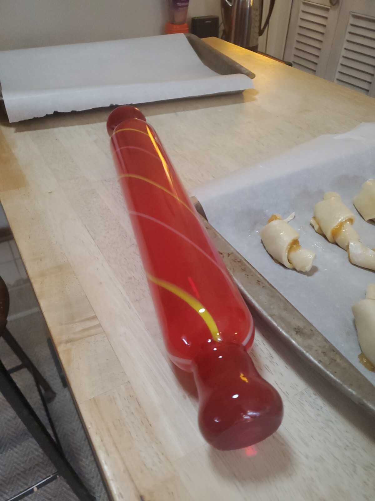 Hand Blown Glass Rolling Pin Red & White,Yellow Stripes Candy Cane
