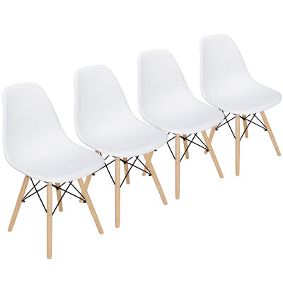 Set of White Modern Dining Chairs Plastic Shell Side Wood Legs