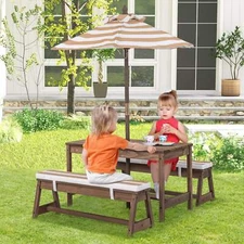 NNECW Kids Table &amp Bench Set with Umbrella &amp Cushions for Indoor Outdoor A