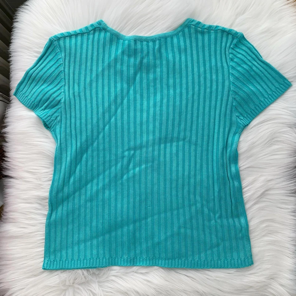 NUEVO CON ETIQUETAS Y2K Limited Too - Suéter de manga corta acanalado azul verdoso, S Foto 3 de 4