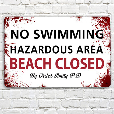 Amity Island Beach Closed Blood Splats Schild inspiriert Jaws Film A4 Blechschild 