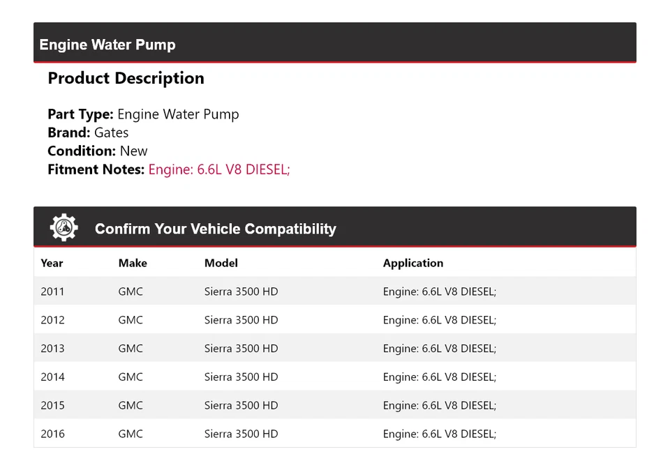 For 2011-2016 GMC Sierra 3500 HD 6.6L V8 DIESEL Engine Water Pump Gates 2012 - Image 2 of 4