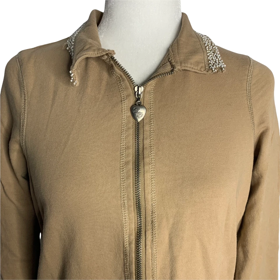 Vintage Y2K Twisted Heart Beaded Full Zip Sweatshirt Womens M Beige - Image 3 of 4