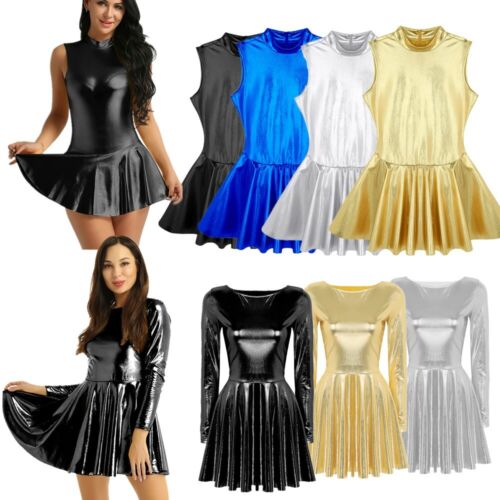Women Wetlook Leather Bodycon Mini Dress Party Clubwear Micro Skirt Nightwear - Picture 1 of 110