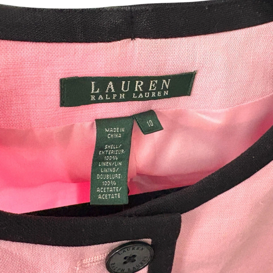 Lauren Ralph Lauren 粉色亚麻套装 2 件套夹克 10 裤 8 黑色装饰经典 — 第 4/4 张图片
