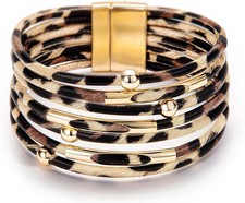 Boho Multi-Layer Leopard Wrap Bracelet with Pearl and Crystal Accents
