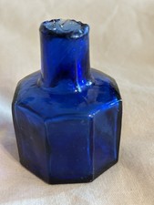 RARE BLUE OCTAGONAL EMPTY INK BOTTLE SHEARED TOP LIP