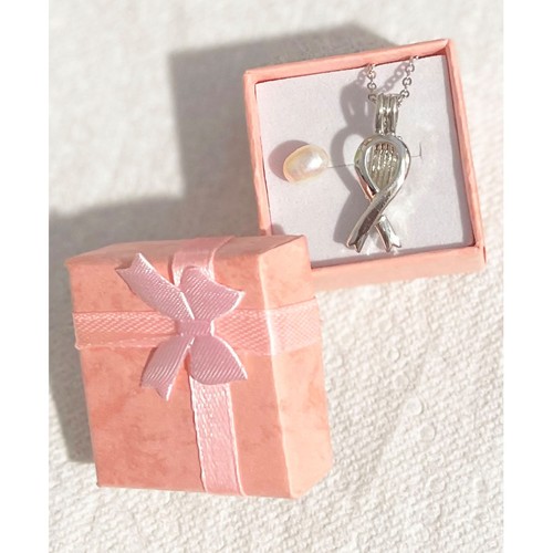 Breast Cancer Awareness Ribbon Cage Pendant 17" Necklace with Pearl Jewelry Gift