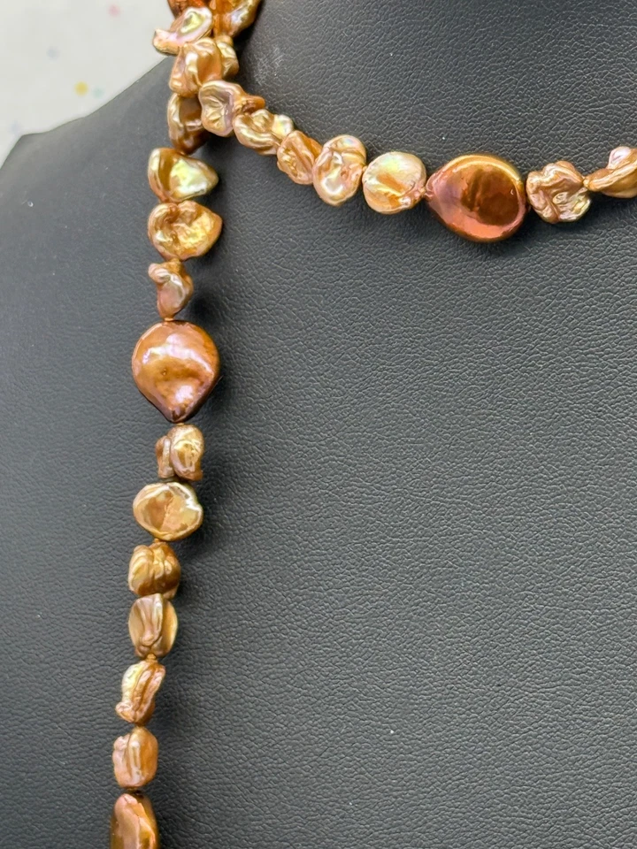 Collar de perlas barrocas de agua dulce 34" teñidas cobre marrón bronce plata 925 broche Foto 4 de 4