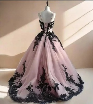 Retro Black / Pink Wedding Dress Gothic Lace Corset Fairytale Boho Bridal  Dress | eBay