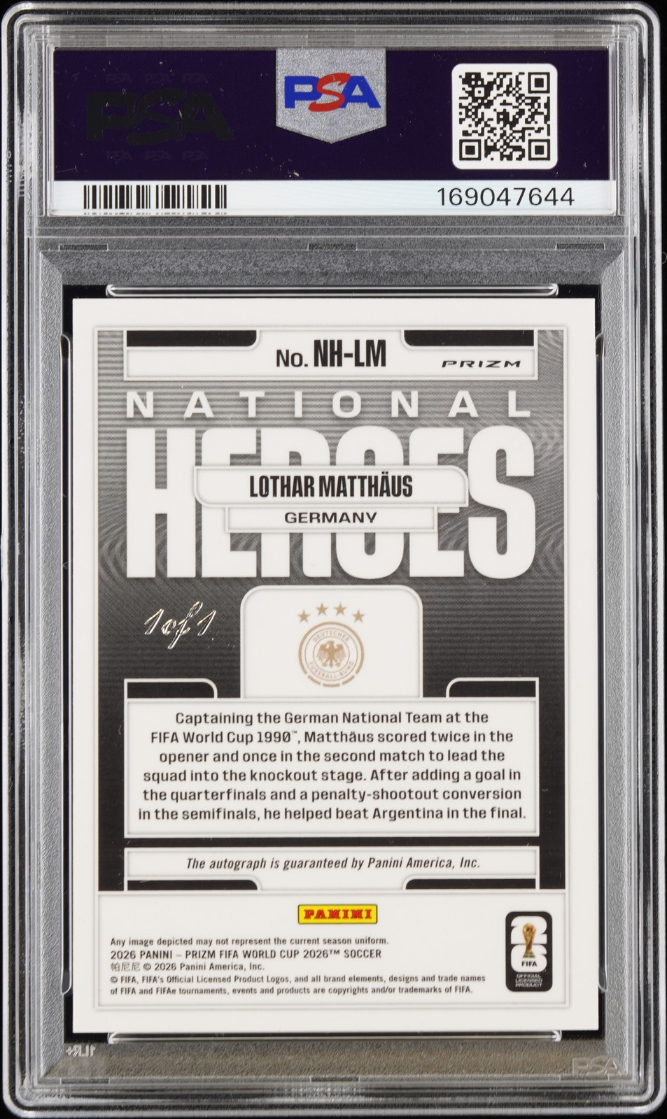 2026 PANINI PRIZM FIFA BLACK PRIZM 1/1 #LM LOTHAR MATTHAUS 1/1 PSA 7 DNA AUTO 10 view 2