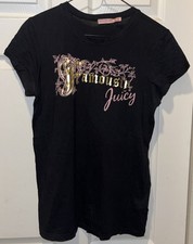 NICE JUICY COUTURE DESIGNER MED BLACK T-SHIRT TOP EUC FAMOUSLY JUICY EUC GOLD