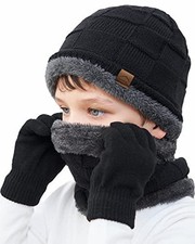 Kids Winter Beanie Hat Scarf Touchscreen Gloves Set for Boys Girls 4-15 Black