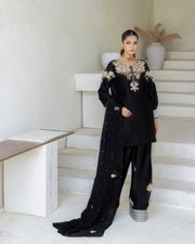 Latest New Black Crepe Silk Salwar Kameez With Dupatta For Women  Girls