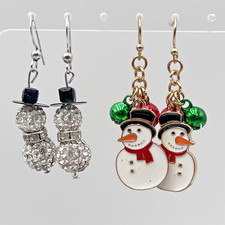 Snowman Dangle Drop Hook Earrings 2 Pair Rhinestones Enamel Holiday Winter Fun