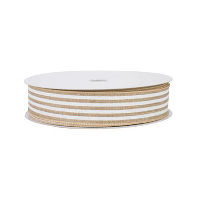 Cabana Stripe Natural Beige White Canvas 5 Yard 1.5'' Width Wired Ribbon Neutral
