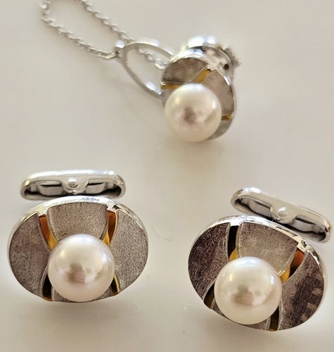 Designer 1960's 18K Gold & Sterling Silver with 8.5mm Pearl Cufflinks & Tie Pin - Picture 2 of 11