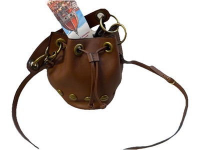Stella Bianca Brown Leather Bucket Bag Gold-Tone Studs Drawstring Closure NWT
