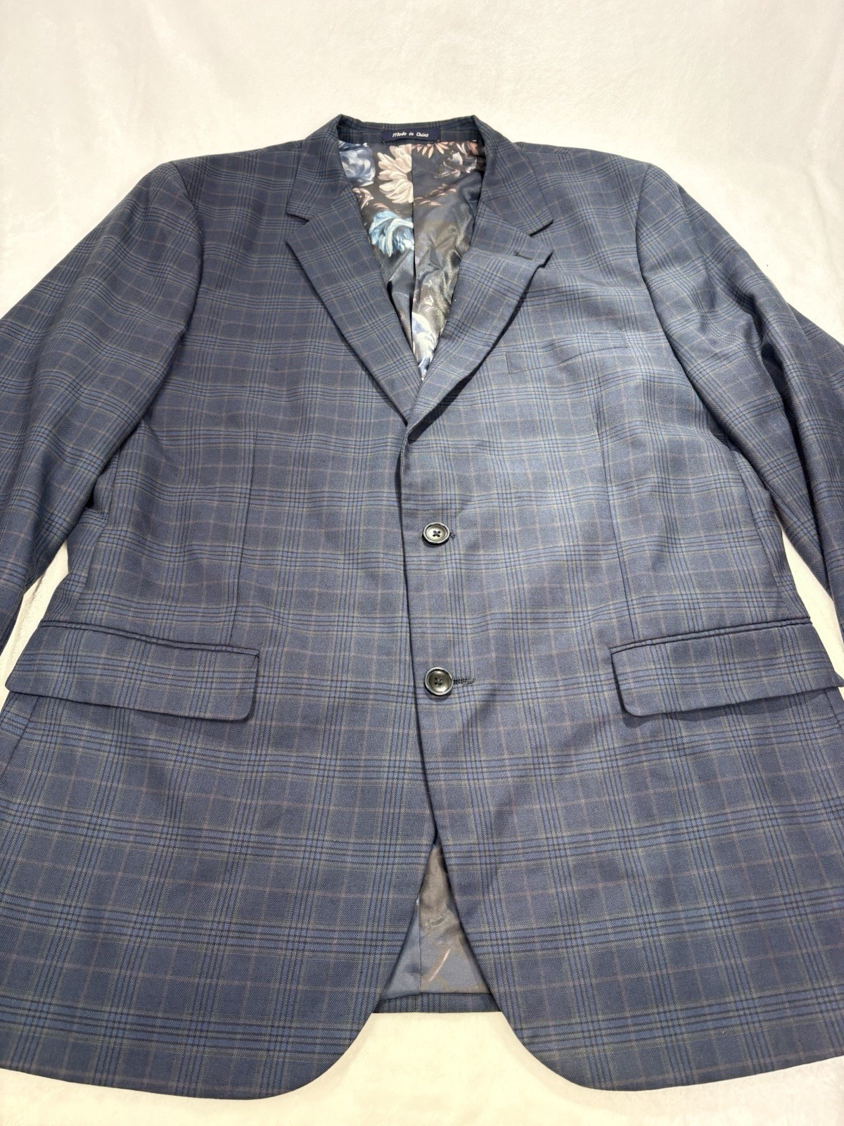 Alan Flusser Men’s Wool Blazer Sport Coat 44R 46 Navy Windowpane Plaid Classic