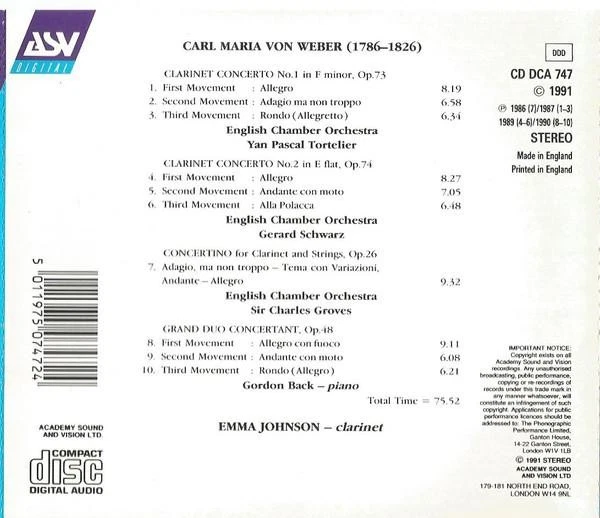 CDDCA747 Emma Johnson Two Clarinet Concertos - Concertino - Grand Duo Concertant - Bild 2 von 2