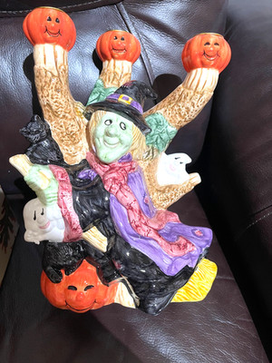 FITZ &FLOYD OMNIBUS HALLOWEEN PARTY CANDLELABRA WITCH W/ THREE CANDLEHOLDERS NEW