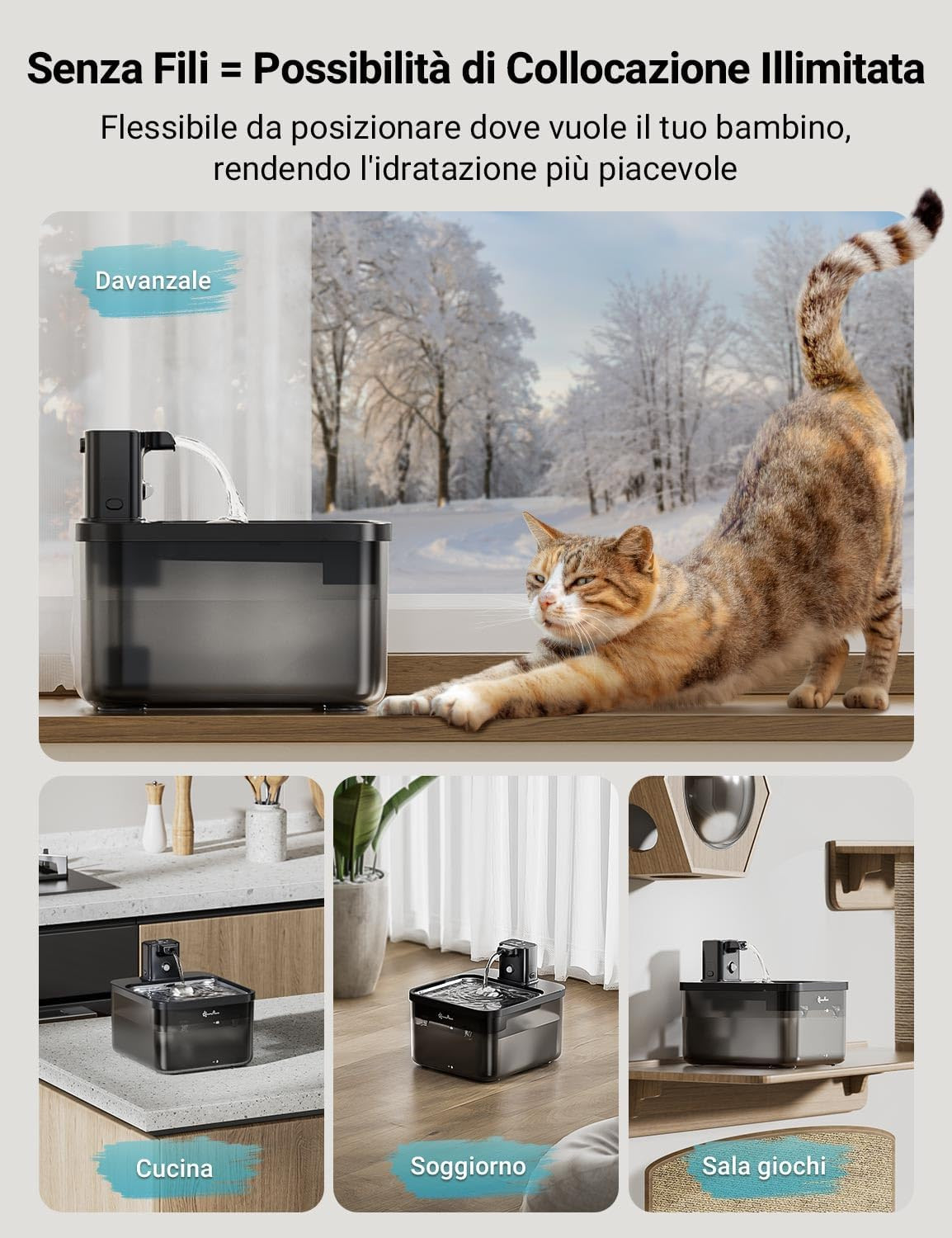 Fontanella per Gatti Senza Fili Con 6 Filtri, Alimentazione a Batteria Da 4000Ma - 2