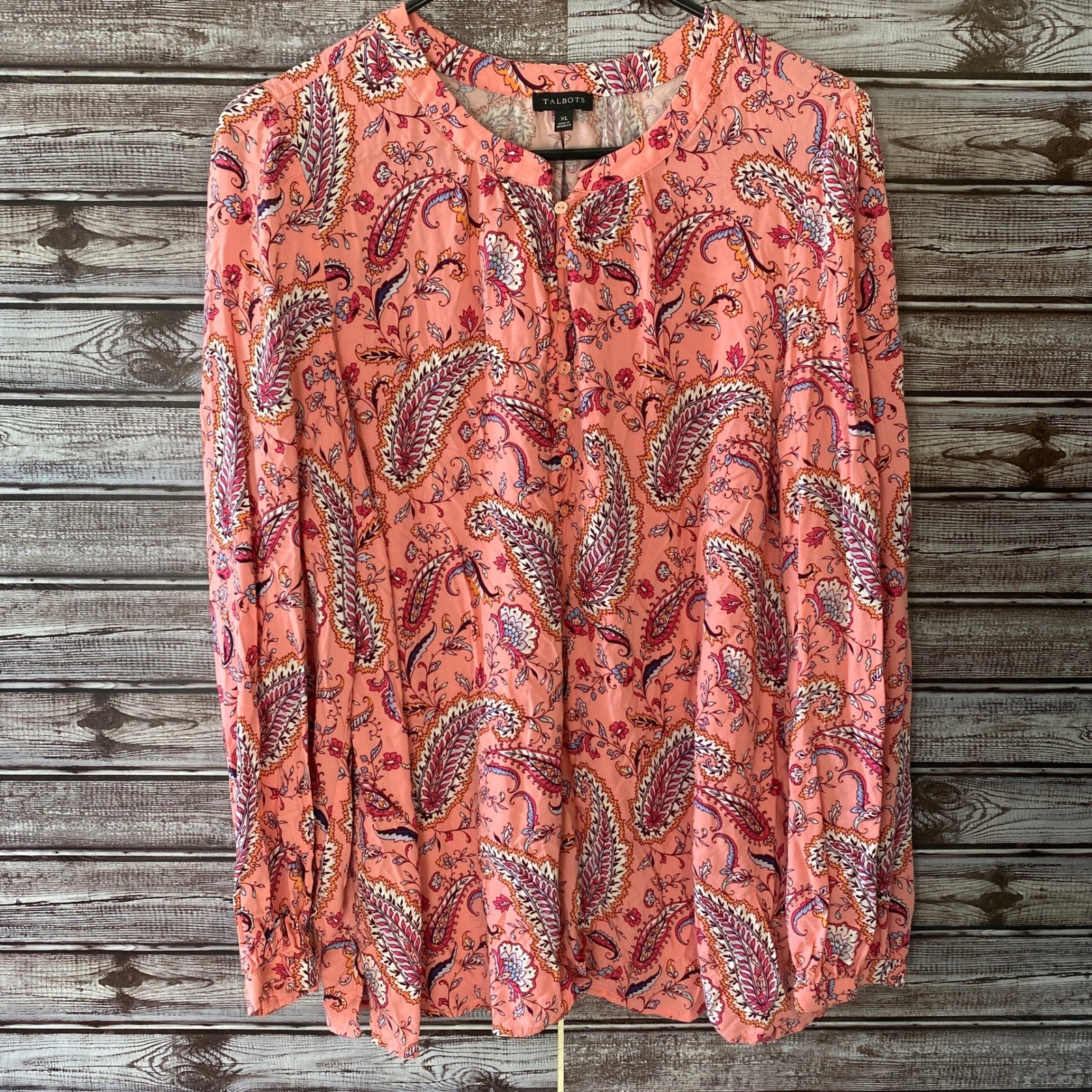 Talbots Women's Long-Sleeved Top Blouse Size XL Pink Paisley Button
