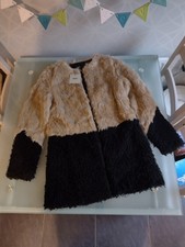 New - Asos Fur Coat In Split Colour Black Bouclé And Beige Faux Fur. Size 10