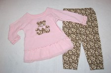 Baby Girls Outfit L/S PINK RUFFLED SHIRT Brown Leopard TEDDY BEAR Pants 6-9 MO