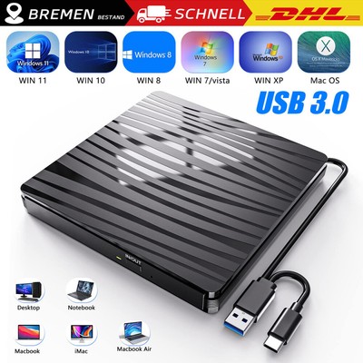 USB 3.0 Externes CD/DVD Laufwerk Brenner Player mit Type C für Laptop PC Schwarz