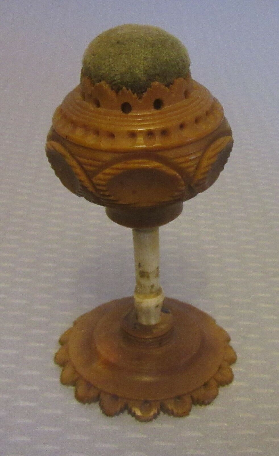 French antique carved vegetable ivory tagua nut pedestal PINCUSHION ON STAND 3" 