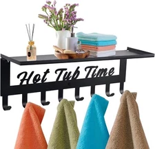 Hot Tub Towel Rack with Shelf - Metal Hanger Black Towels 