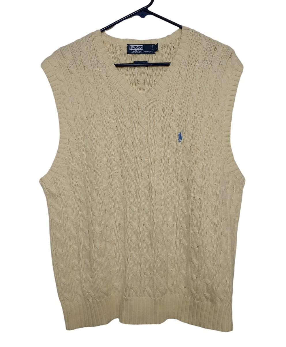 Vintage Polo Ralph Lauren Golf V Neck Cable Knit Sweater Vest in Yellow Sz L